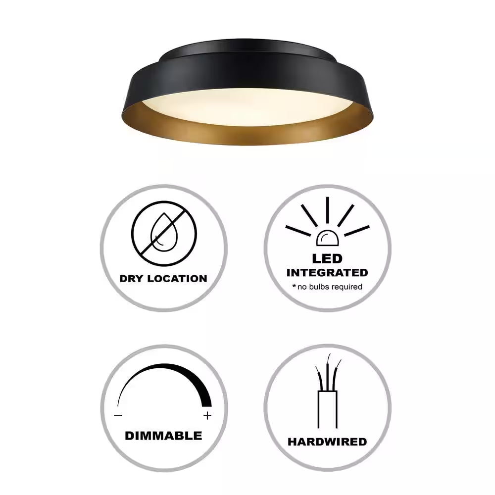 13 In. Black and Gold Integrated LED Flush Mount Ceiling Light with Frosted Glass