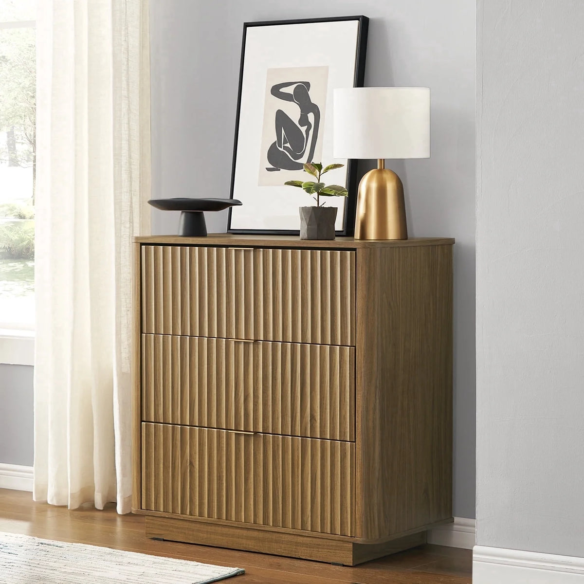 Brooklyn Mid-Century Modern Dresser Credenza, Waveform Panel, 3 Drawers, Anti-Tipping (Walnut)