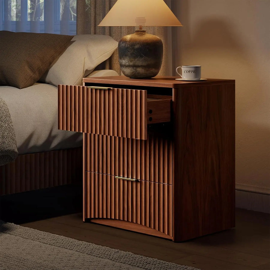 Dresden Collection | Atomic-Era Drawer Fluted Walnut Nightstand - showcasing full sculptural form and curated finish in a Mid-Century Modern bedroom setting.