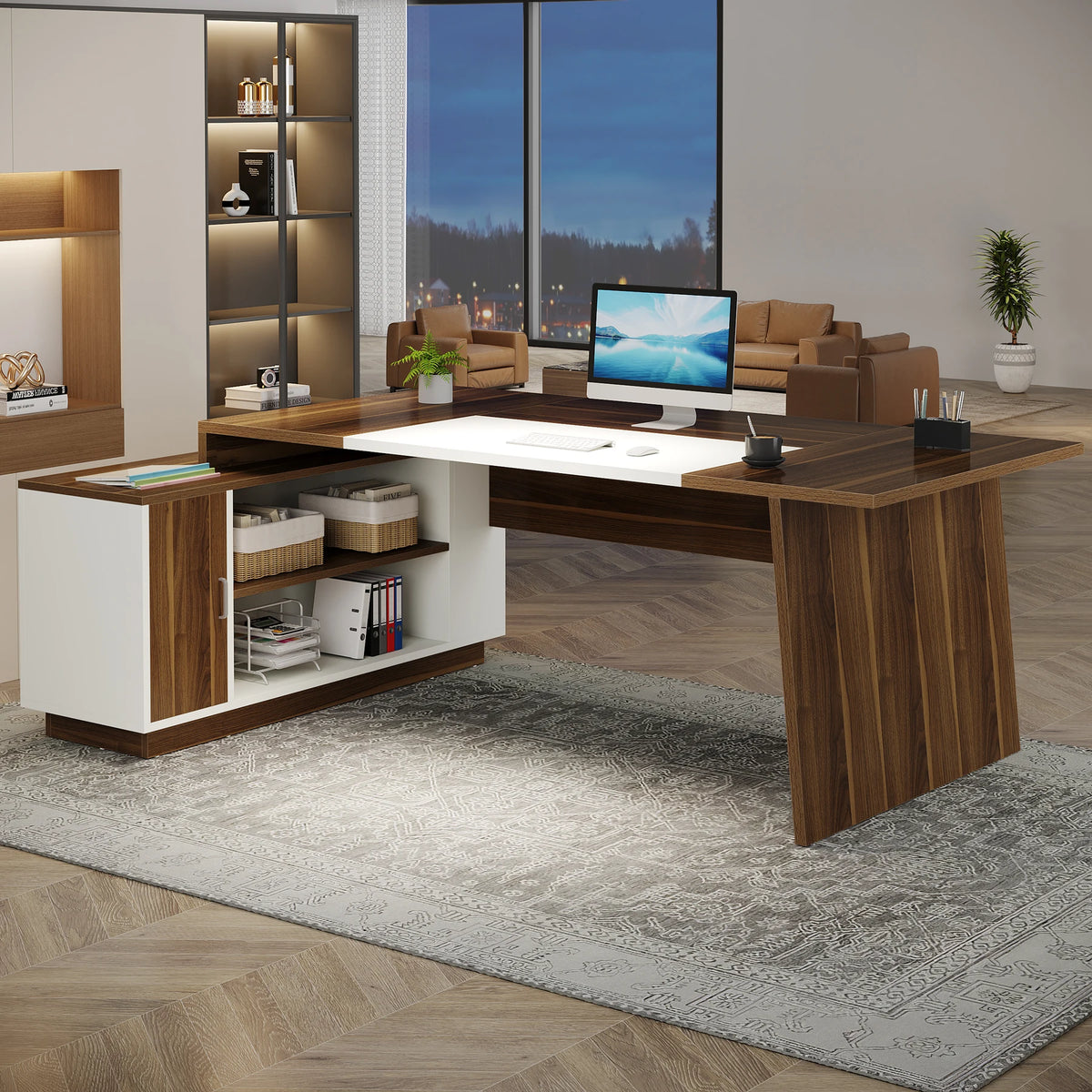 Dresden Collection | Petite Floating Walnut Executive Desk - featuring close-up joinery and artisanal finish quality in a Mid-Century Modern home office setting.