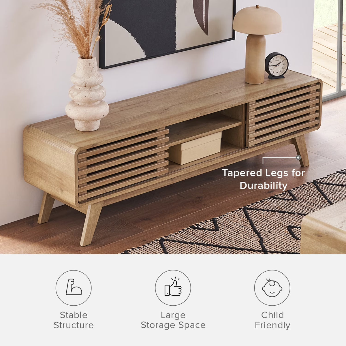Ensley 59" Low Mid-Century Modern TV Stand Console for TV under 70", Oak