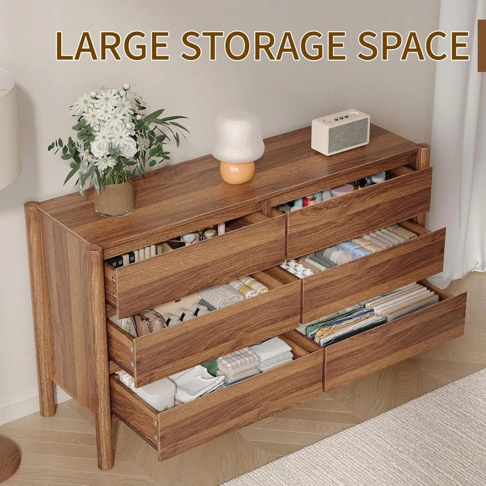 Belmont Collection | Tapered-Leg Desert-Modern Walnut 6-Drawer Dresser - captured in a curated lifestyle vignette in a Mid-Century Modern bedroom setting.