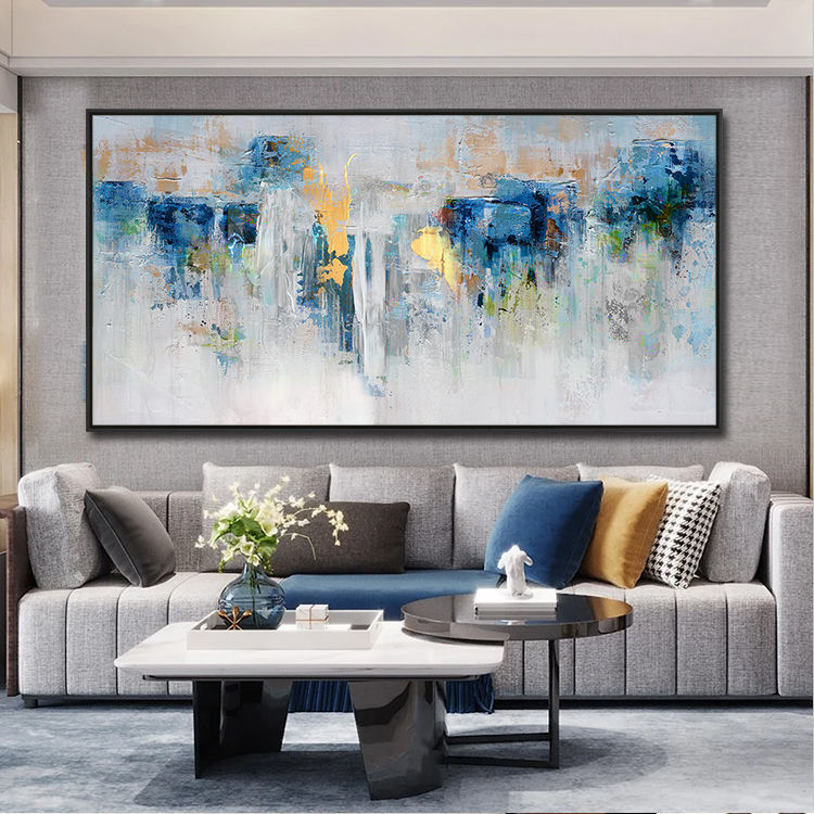 Mid-Century Modern Blue and Gold Handmade Oil Painting - Elegant Canvas Wall Art