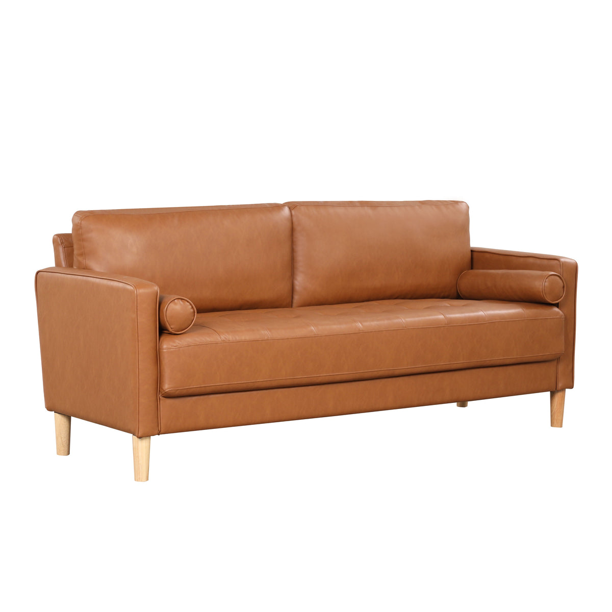 Lorelei Mid-Century Modern Sofa, Caramel Brown Faux Leather