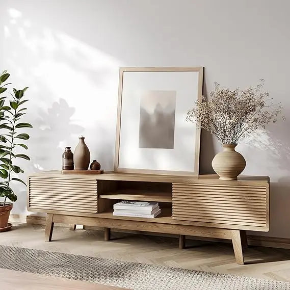Dresden Collection | Fluted Desert-Modern Fluted Oak Media Console - showcasing full sculptural form and curated finish in a Mid-Century Modern entryway setting.