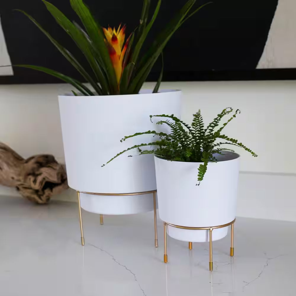 Hopson Medium 10 In. Casper White Plastic Planter with Metal Gold Stand