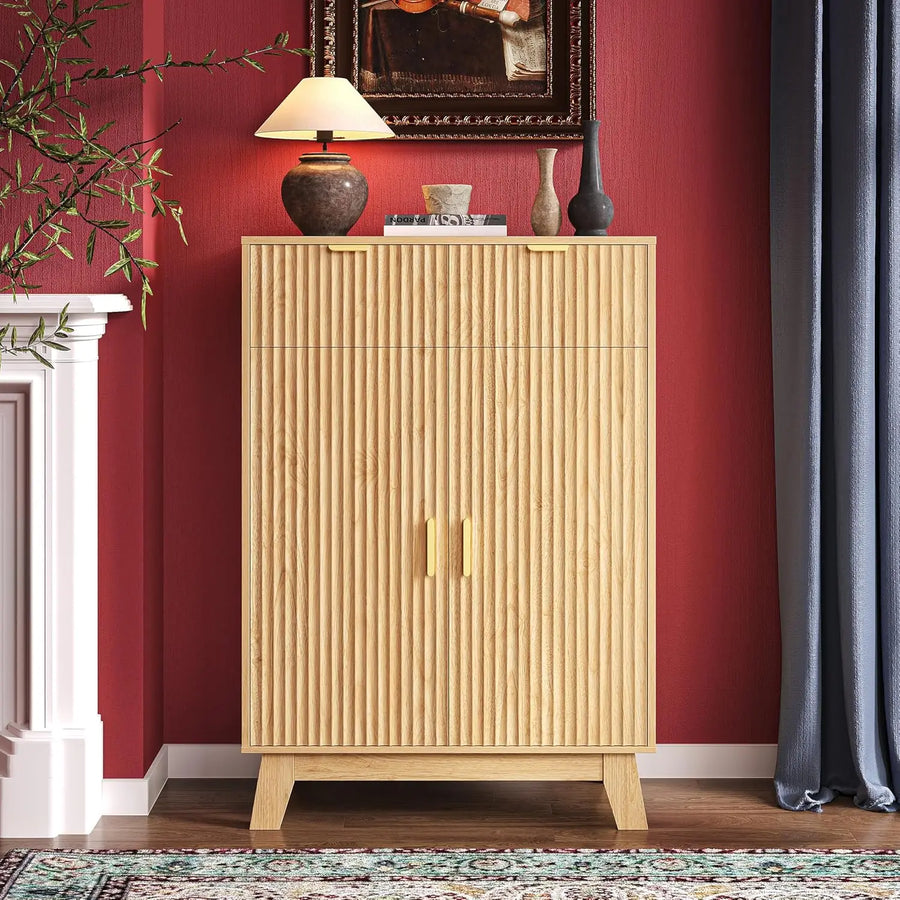 Fontaine Collection | Fluted Atomic-Era Fluted Walnut Shoe Cabinet - showcasing full sculptural form and curated finish in a Mid-Century Modern living room setting.