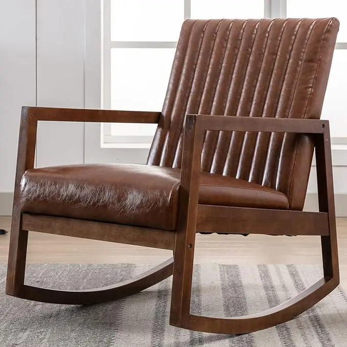 Mid-Century Modern Upholstered Linen Rocking Chair with Light Walnut Frame