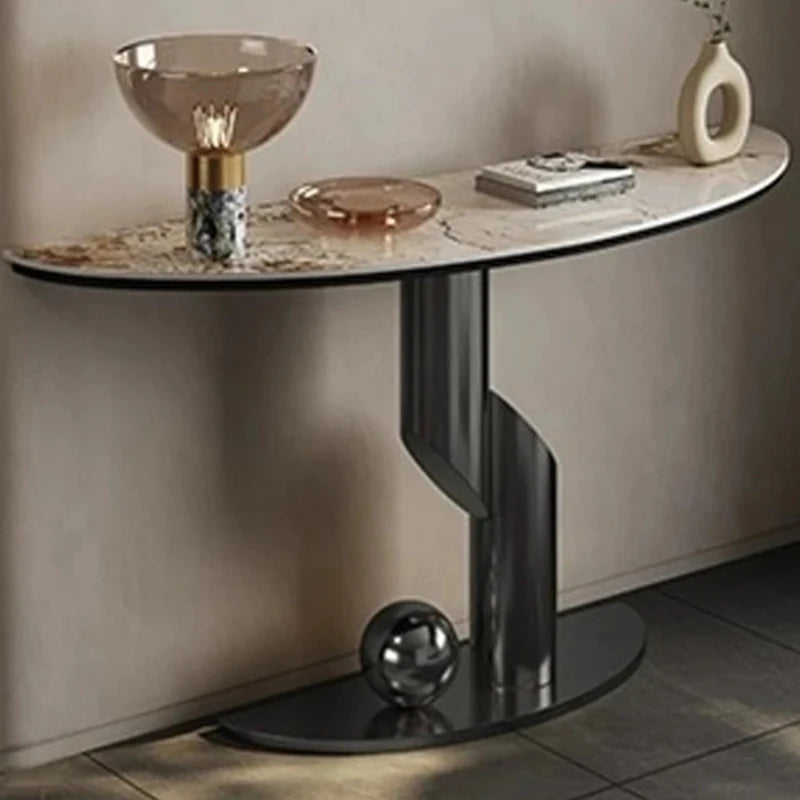 Dresden Collection | Geometric Walnut Console - styled from an alternate angle revealing dimensional depth in a Mid-Century Modern entryway setting.