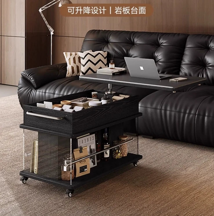 Ellington Collection | Geometric Chrome-Detailed Walnut Adjustable Table - featuring close-up joinery and artisanal finish quality in a Mid-Century Modern living room setting.