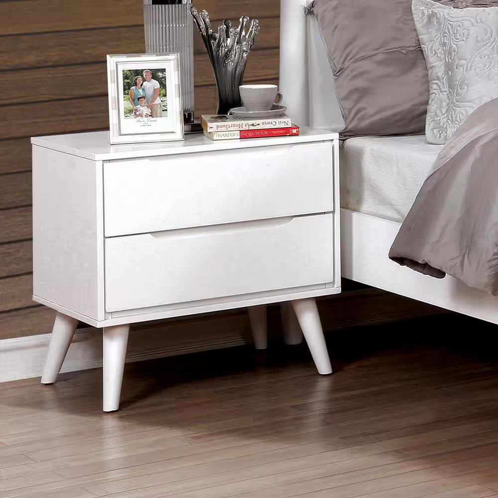 Mackie 2-Drawer Mid Century Modern White Nightstand