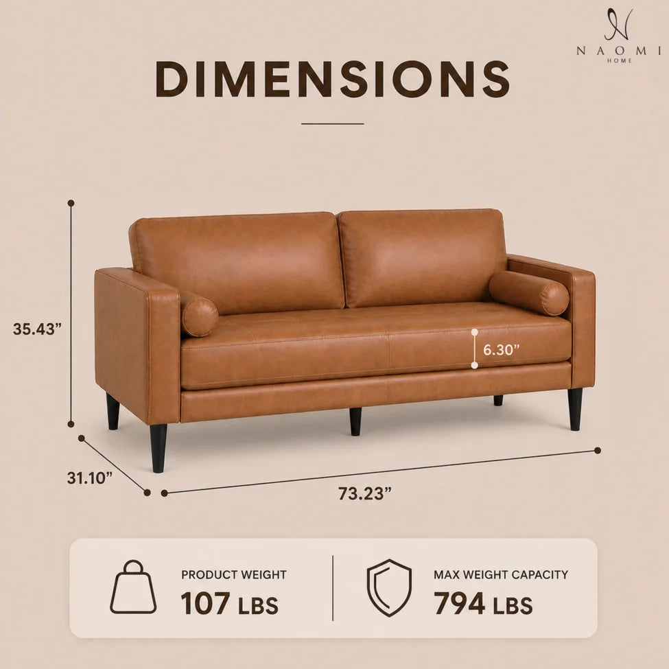 Marisa Genuine Leather Mid-Century Modern Sofa, Removable Cushions, Matching Bolster Pillows, Plush Foam Comfort, Sturdy Hardwood Frame, Spacious 3-Seater Seating, Tan