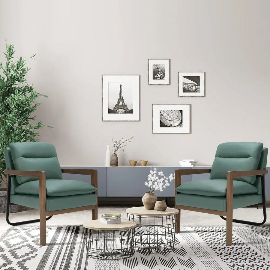 Fontaine Collection | Tapered-Leg Leather-Wrapped Emerald Leather Lounge Chair - highlighting material texture and craftsmanship detail in a Mid-Century Modern living room setting.