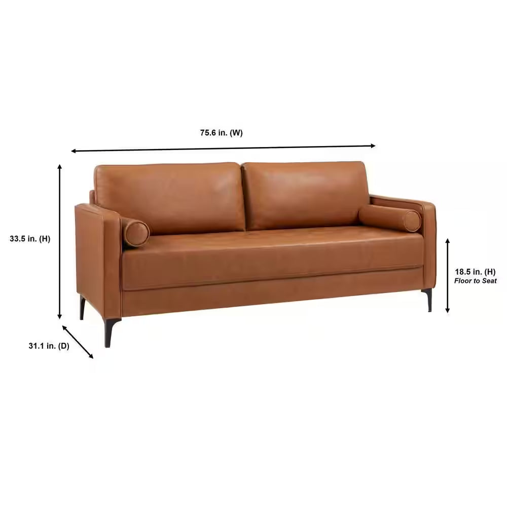 Goodwin 75.6 In. Square Arm Faux Leather Mid-Century Modern Sofa with Bolster Pillows in Caramel Brown