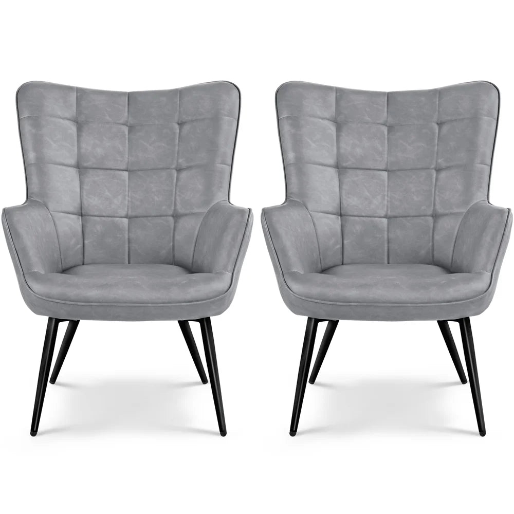 Mid-Century Modern Faux Leather Wingback Accent Chair, Set of 2, Gray