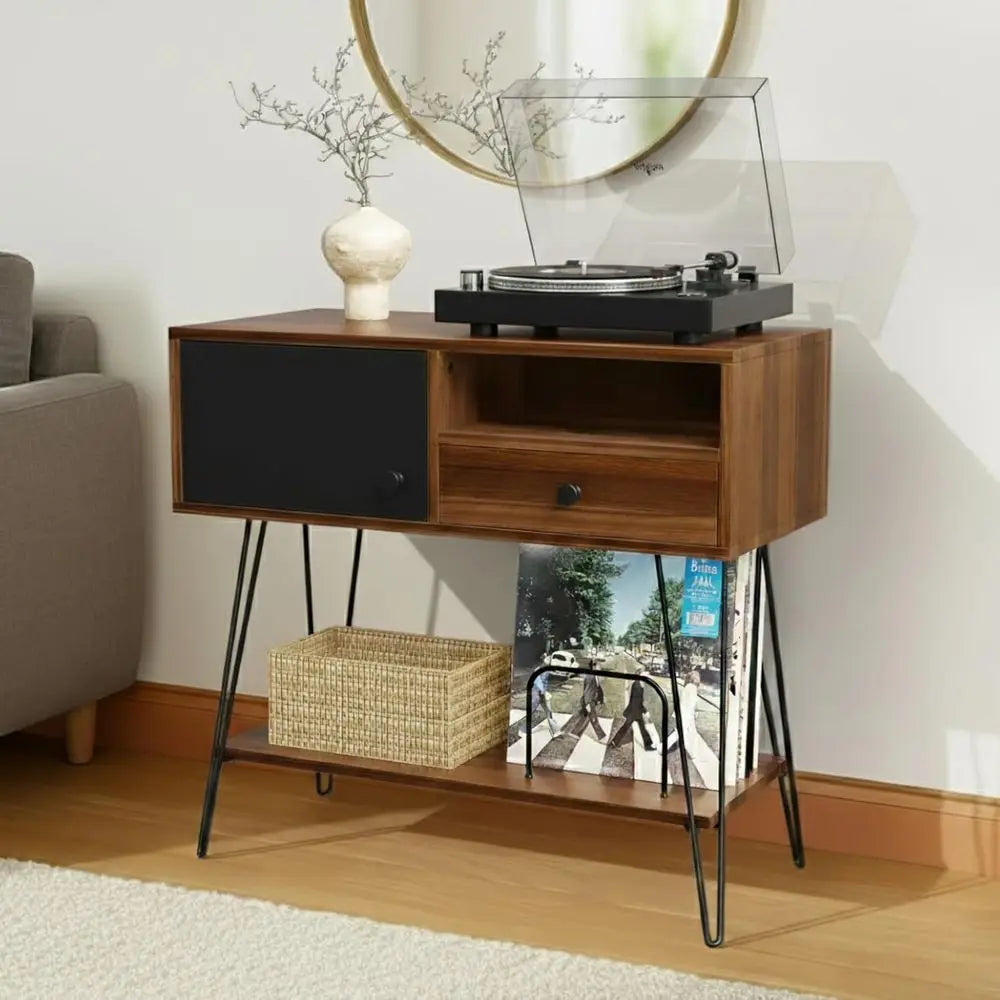 Ellington Collection | Sculptural Desert-Modern Walnut Record Stand - highlighting material texture and craftsmanship detail in a Mid-Century Modern living room setting.