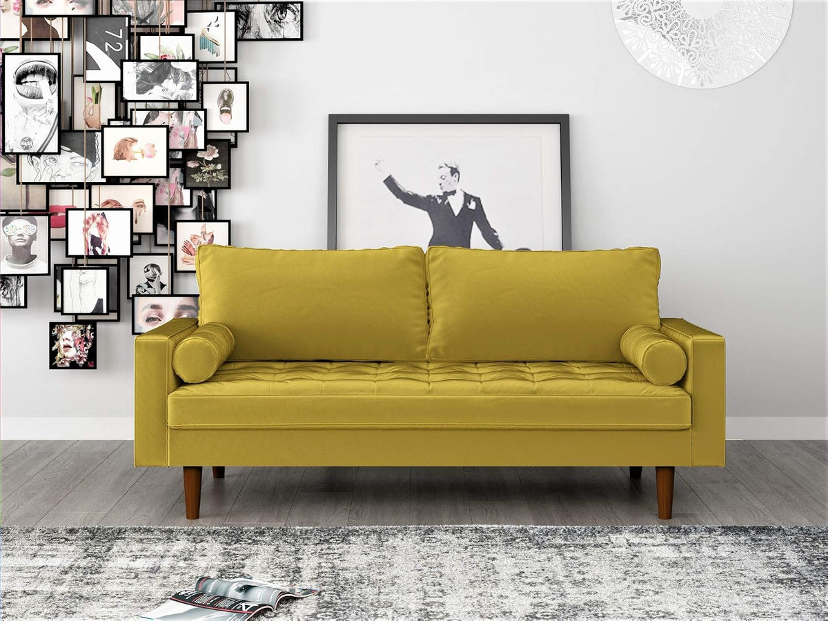 Womble Mid Century Modern Velvet Upholstered Tufted Seat with Bolster Pillows, Loveseat, Sofa, Goldenrod