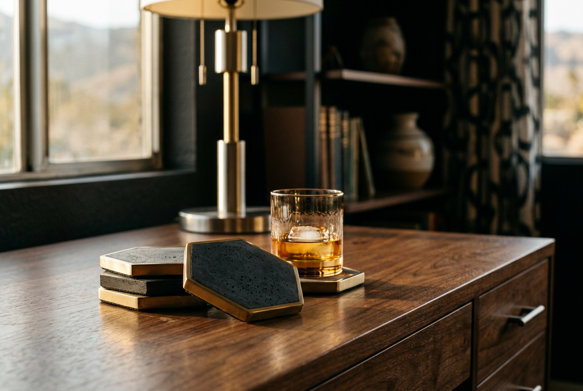 Charcoal Concrete & Brass Coasters | Industrial Set