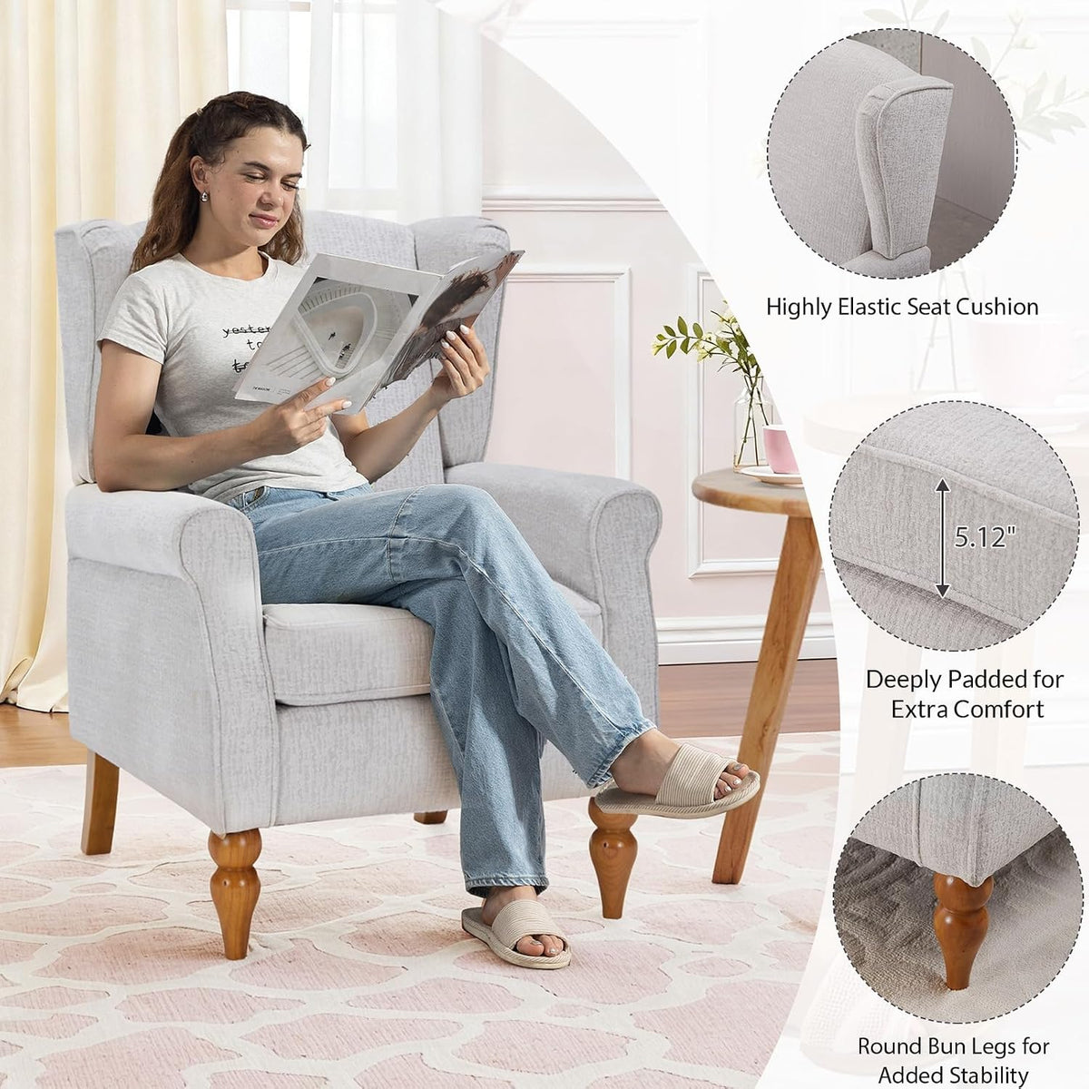 High Wingback Chairs with Table - Midcentury Modern Accent Chair for Living Room, Upholstered Armchair with Solid Legs, Light Grey Living Room Chairs for Living Room, Bedroom, Balcony