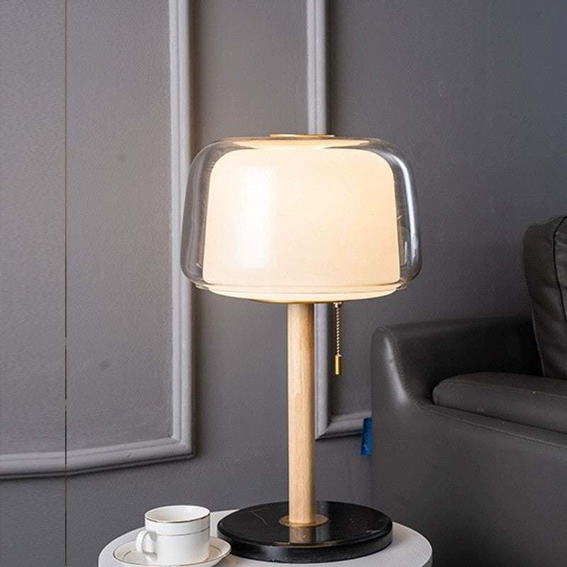 Ellington Collection | Geometric Brass-Accented Walnut Accent Lamp - highlighting material texture and craftsmanship detail in a Mid-Century Modern living room setting.