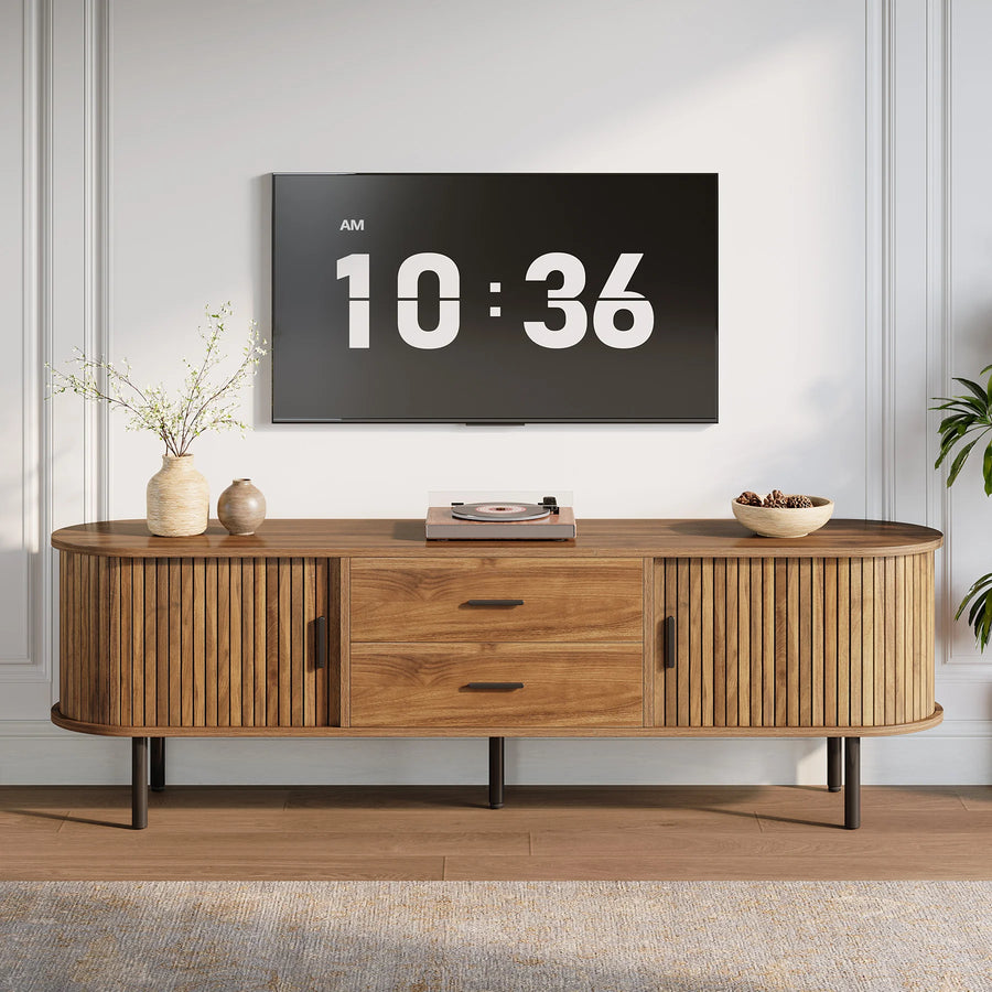 Ellington Collection | Fluted Brass-Accented Fluted Walnut TV Stand - showcasing full sculptural form and curated finish in a Mid-Century Modern living room setting.