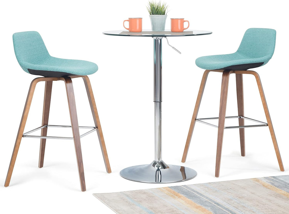 SIMPLIHOME Raya 24" Seat Height Vegan Leather Counter Stool (Set of 2) | Aqua Blue, Mid-Century Counter Stools with Curved Backrest and Footrest; Upholstered Kitchen or Bar Seating.
