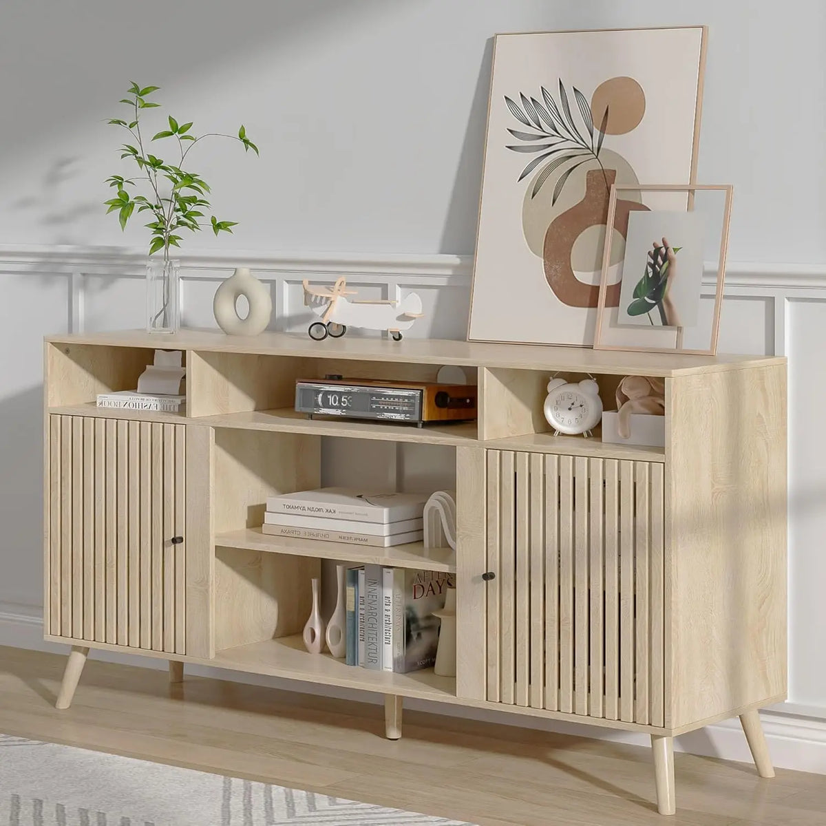 Dresden Collection | Fluted California Fluted Walnut Media Console - captured in a curated lifestyle vignette in a Mid-Century Modern entryway setting.
