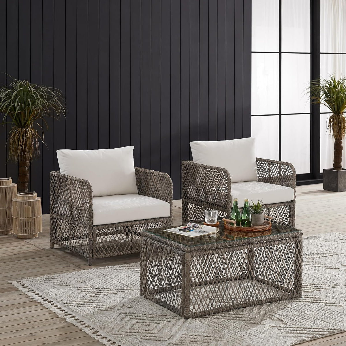 Granite Bay 3-Piece Outdoor Chair and Coffee Table, Modern Wicker Patio Furniture, Porch, Deck, Creme