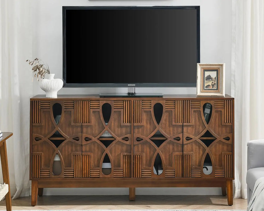 Astoria Collection | Minimalist Brass-Accented Walnut Sideboard - showcasing full sculptural form and curated finish in a Mid-Century Modern living room setting.