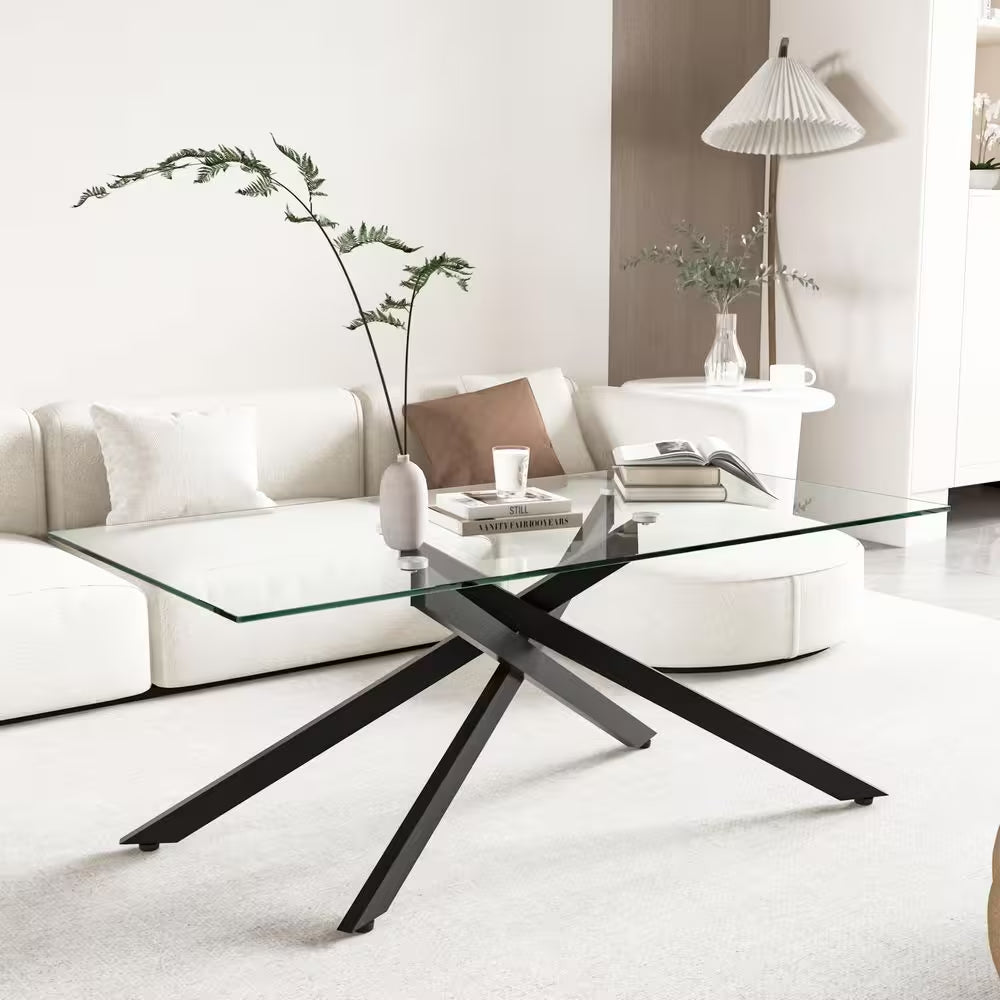 47.2 In. Rectangle Clear Tempered Glass Coffee Table with Black Metal Legs, Modern Living Room Accent Furniture