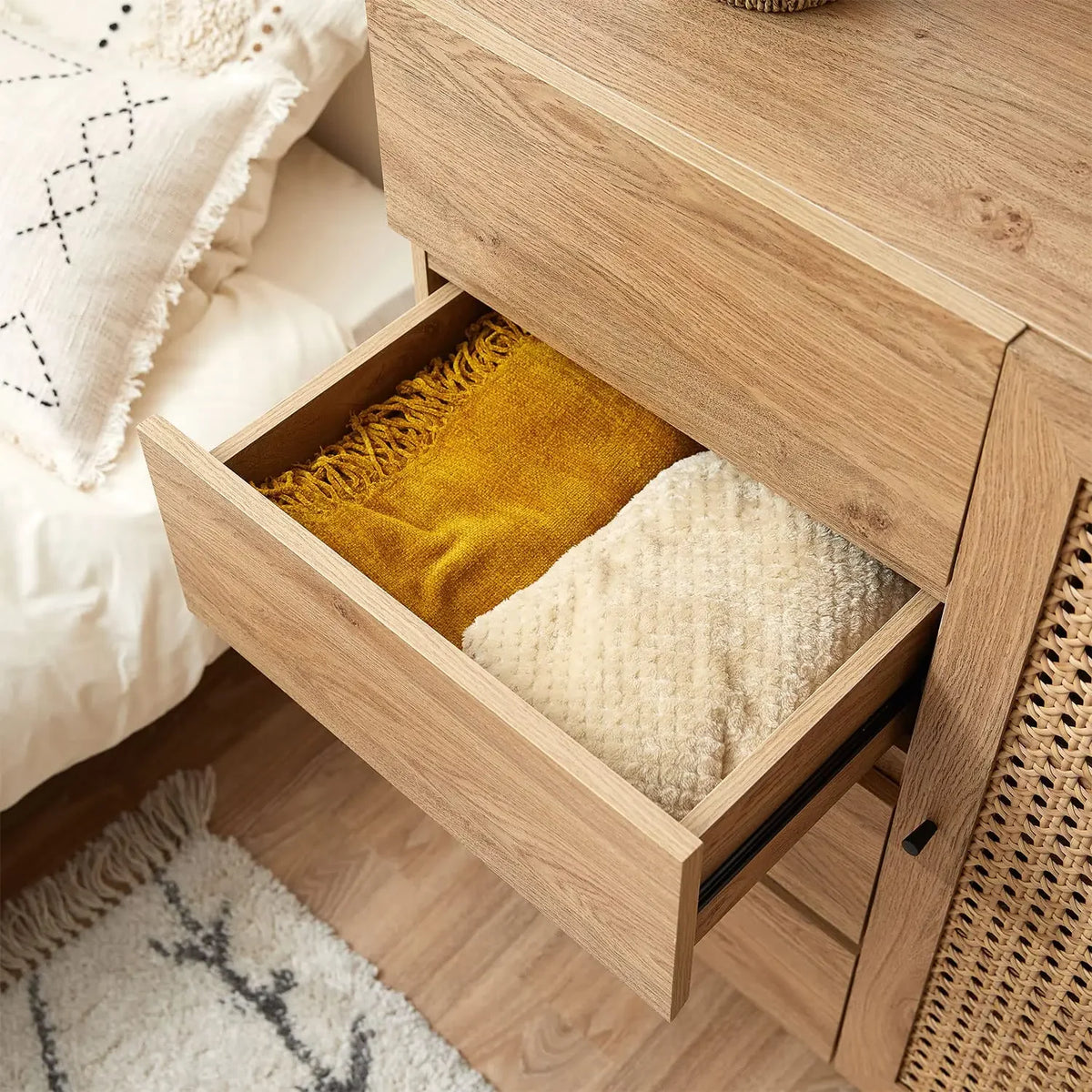 Belmont Collection | Floating Rattan-Woven Rattan Console - captured in a curated lifestyle vignette in a Mid-Century Modern entryway setting.