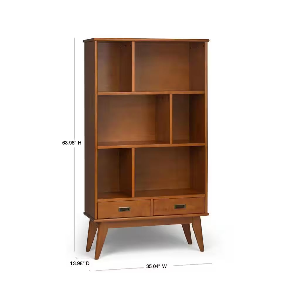 Draper Solid Hardwood 64 In. X 35 In. Mid-Century Modern Wide Bookcase and Storage Unit in Teak Brown