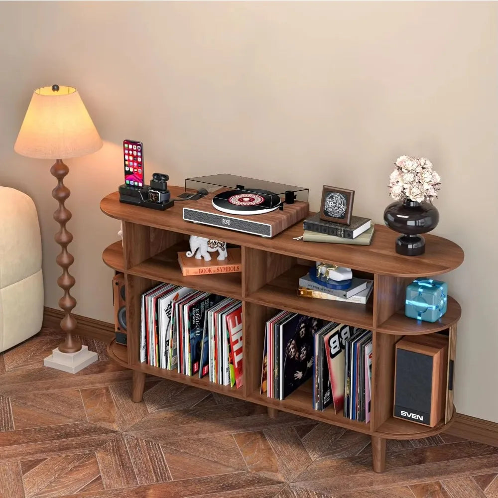 Ellington Collection | Gold-Trimmed Atomic-Era Walnut Record Console - captured in a curated lifestyle vignette in a Mid-Century Modern entryway setting.
