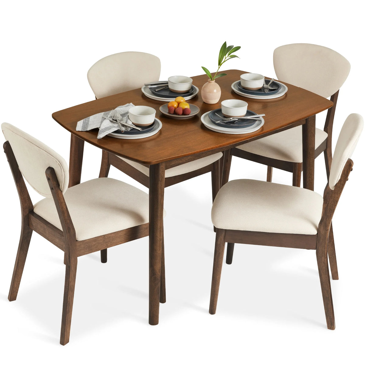 5-Piece Compact Wooden Mid-Century Modern Dining Set W/ 4 Chairs, Padded Seat & Back - Walnut/Cream