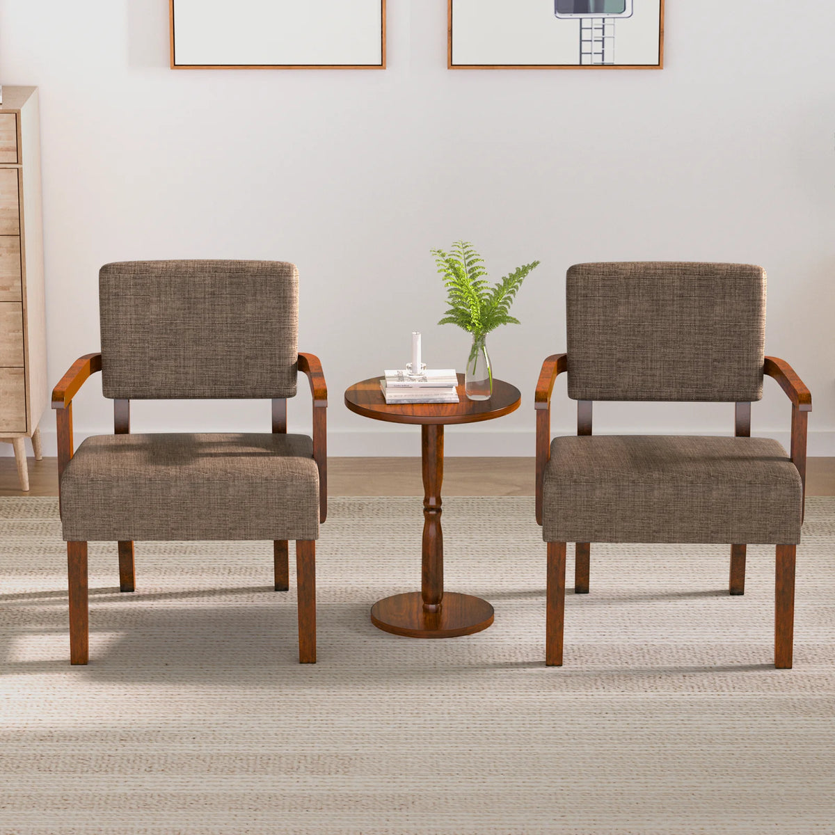 Accent Chair Set of 2 with Table, Mid Century Modern Upholstered Chairs for Living Room,Brown