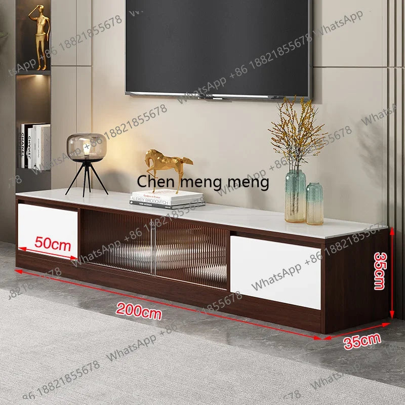 Montague Collection | Arched Glass-Top Retro Glam Glass TV Stand - framed in an editorial still-life composition in a Mid-Century Modern living room setting.