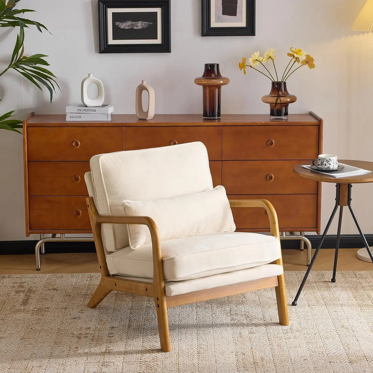 Valencia Collection | Sculptural Desert-Modern Chenille Accent Chair - detail view 13 revealing design nuance in a Mid-Century Modern living room setting.