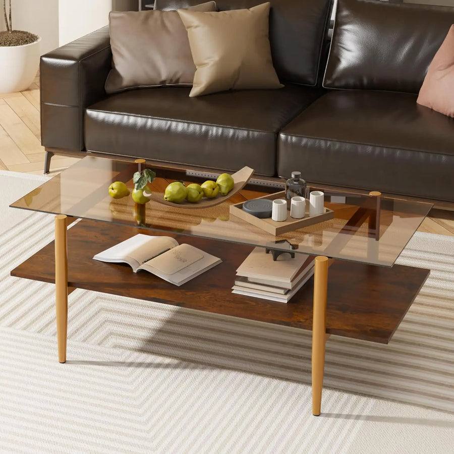 Fontaine Collection | Geometric Glass-Top Tempered Glass & Brass - showcasing full sculptural form and curated finish in a Mid-Century Modern living room setting.