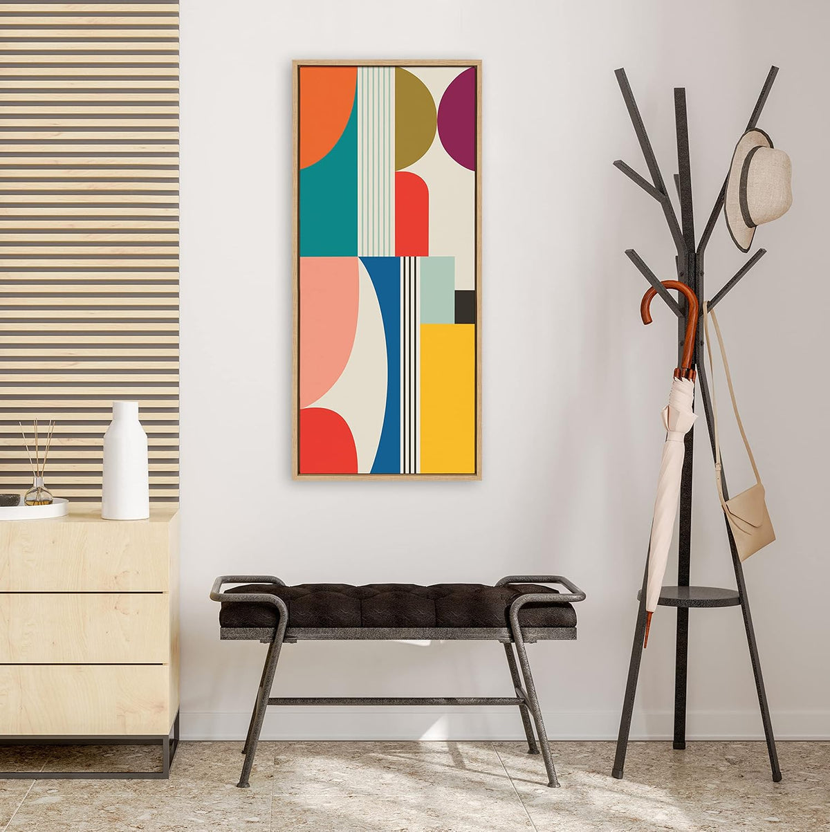 Sylvie Mid Century Modern Pattern Framed Canvas Wall Art by Rachel Lee of My Dream Wall; 18X40 Natural; Colorful Abstract Art Print for Wall