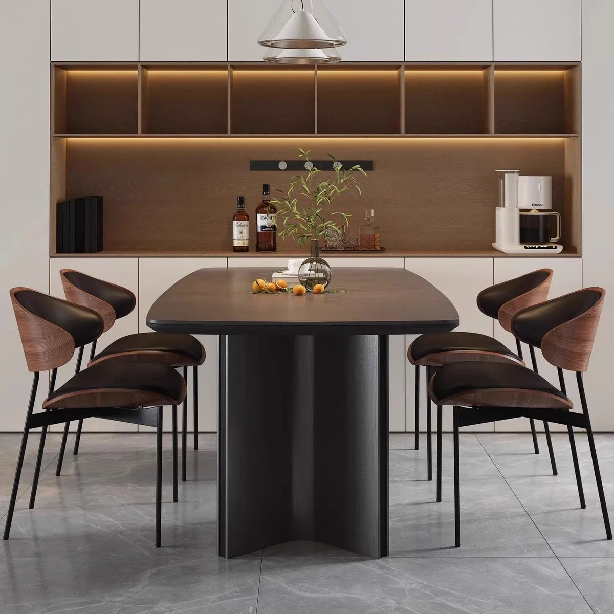 Fontaine Collection | Geometric Leather-Wrapped Cognac Leather Dining Chairs - revealing tonal warmth and surface patina under ambient light in a Mid-Century Modern dining room setting.