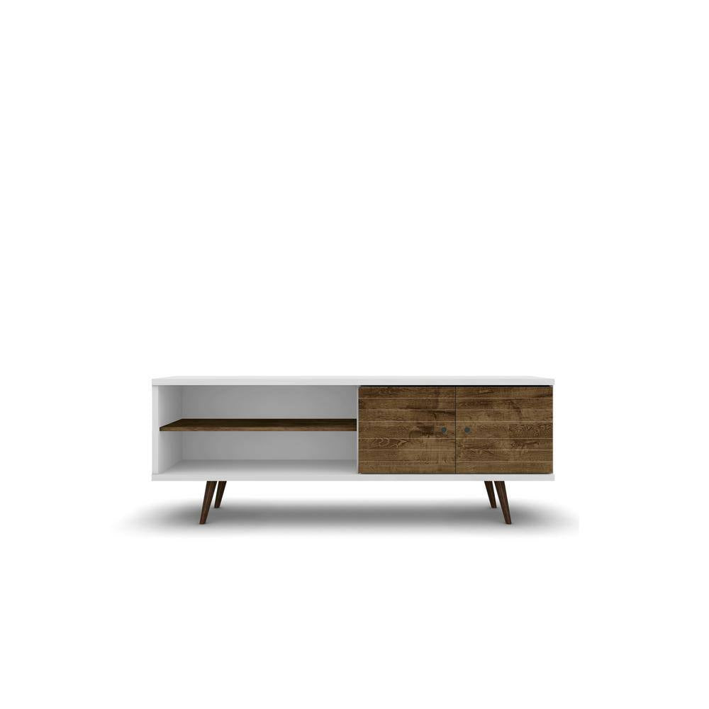 Liberty 62.99 In. White and Rustic Brown TV Stand Fits Tvs up to 60 In. with Storage Doors, Shelves and Cable Management