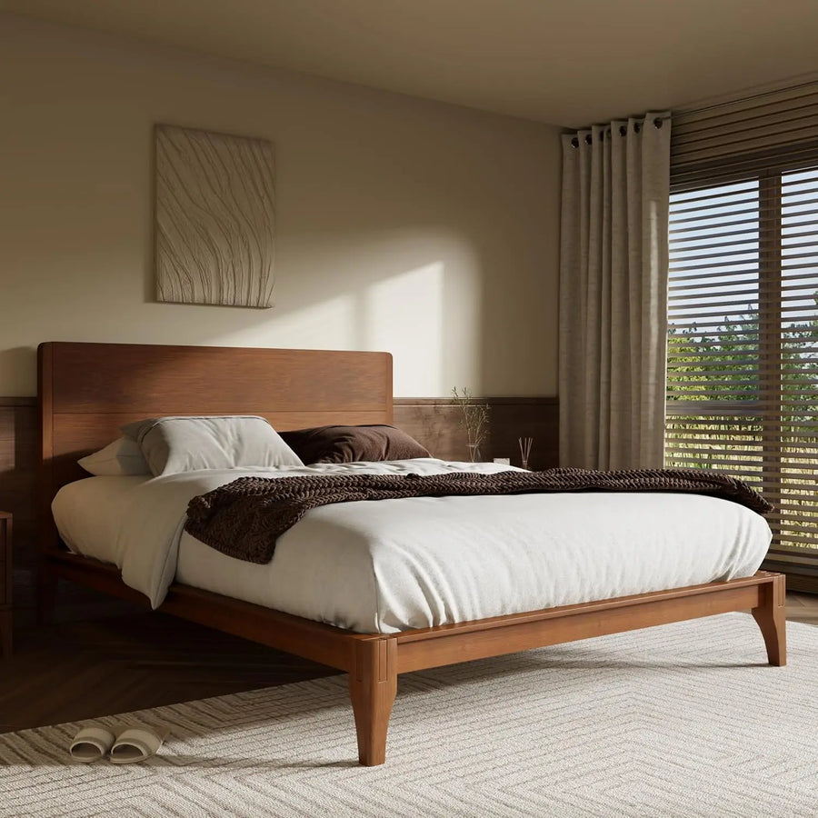 Kyoto Collection | Floating Japanese-Inspired Bamboo Platform Bed - showcasing full sculptural form and curated finish in a Mid-Century Modern bedroom setting.