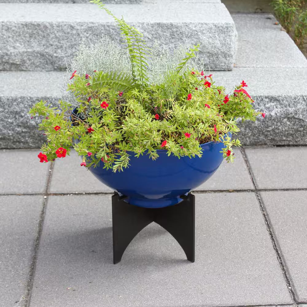 16In.W X 13.75In.H, round French Blue Galvanized Steel Planter Bowl W/Black Wrought Iron Plant Stand, Indoor Outdoor Use