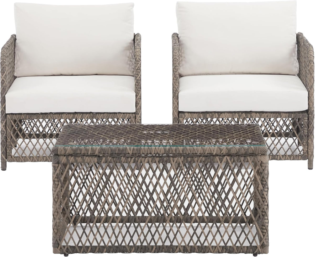 Granite Bay 3-Piece Outdoor Chair and Coffee Table, Modern Wicker Patio Furniture, Porch, Deck, Creme
