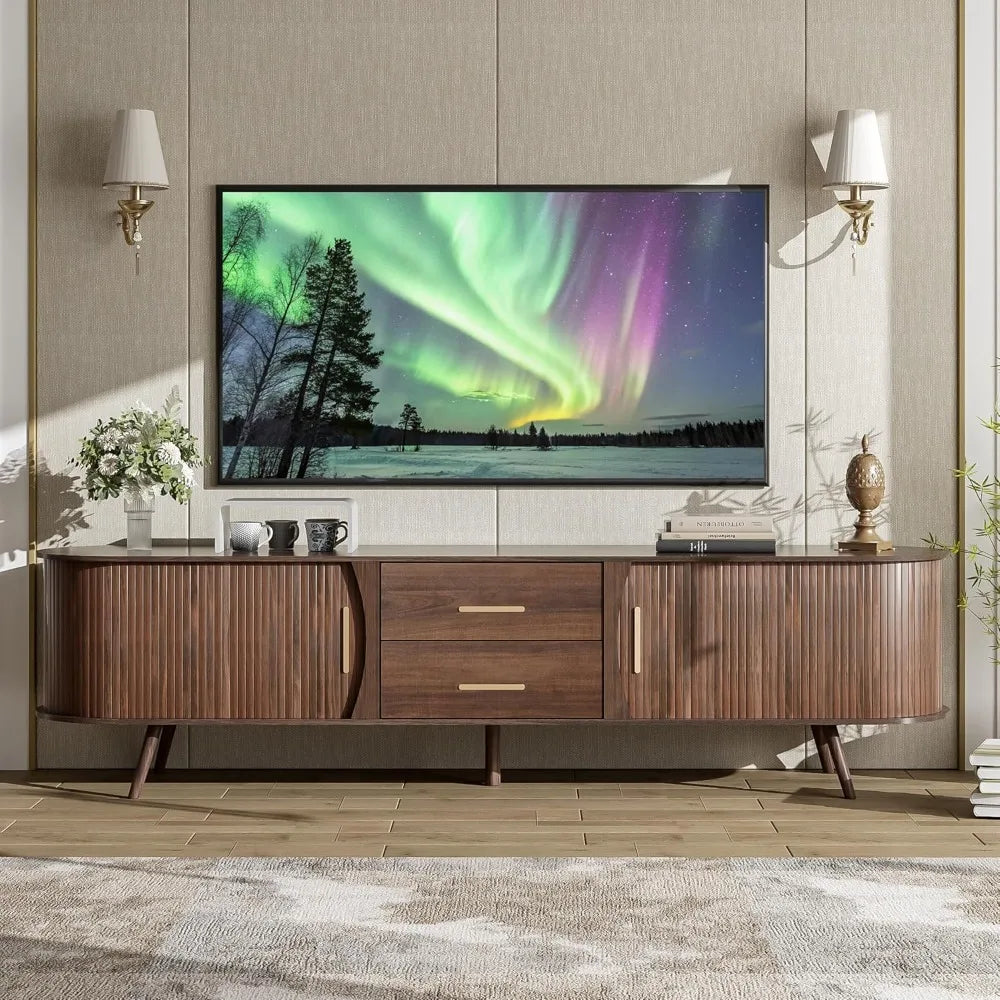 Dresden Collection | Fluted Drawer Walnut Console - highlighting material texture and craftsmanship detail in a Mid-Century Modern entryway setting.