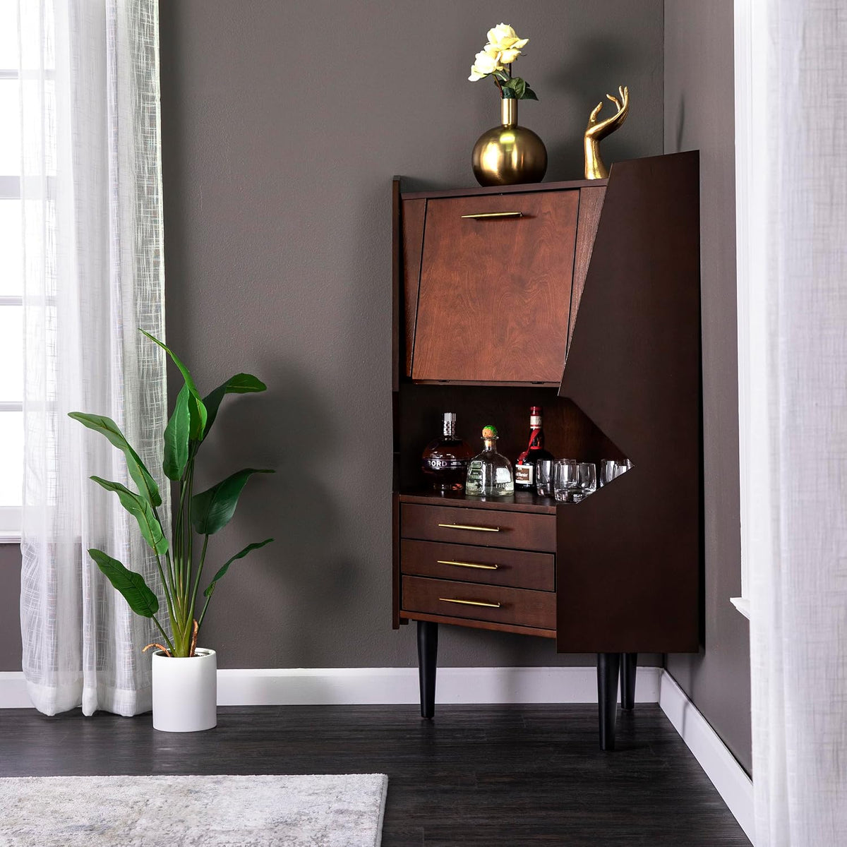 Larson Corner Storage Bar Cabinet, Brown.