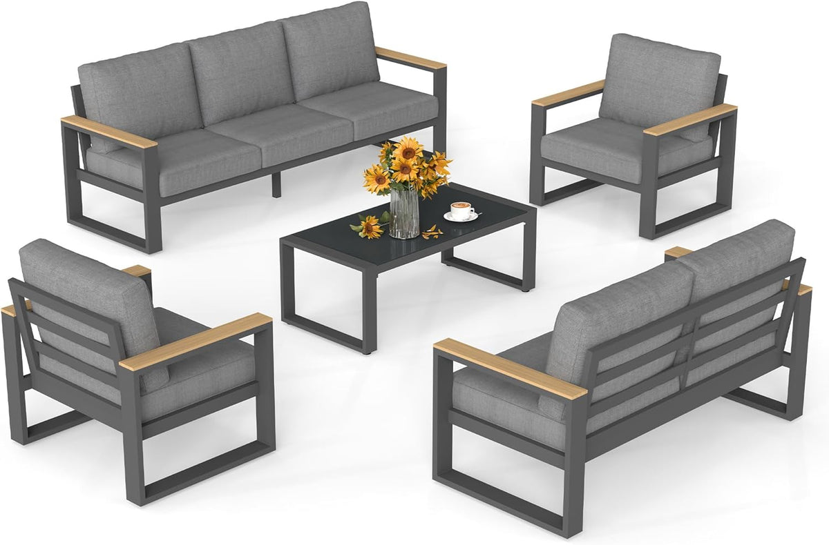 Aluminum Outdoor Patio Furniture Set 7 Seater, Modern Outdoor Conversation Sets with Glass Coffee Table, Metal Outdoor Furniture for Porch Backyard Garden Pool, Grey