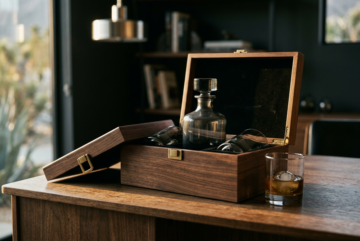 Smoked Glass Whiskey Set with Walnut Box | Noir Spirit