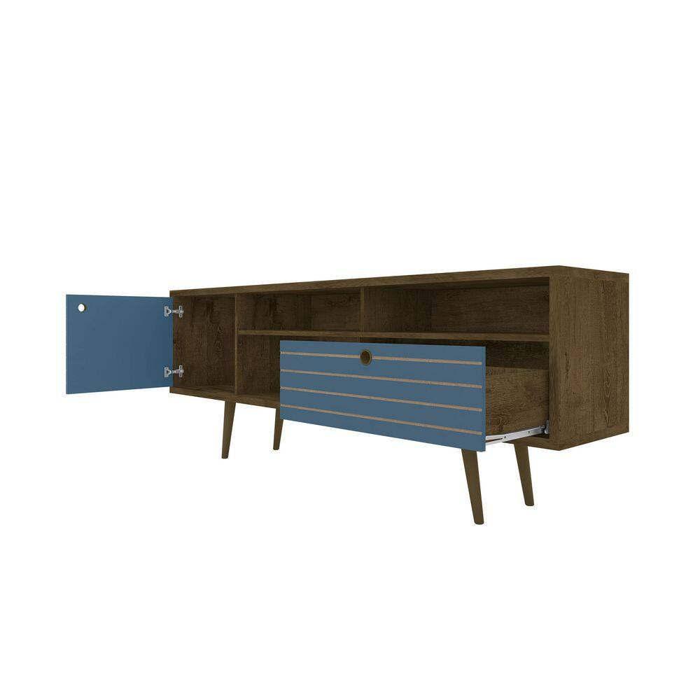 Liberty 70.86 In. Rustic Brown and Aqua Blue TV Stand Fits Tvs up to 65 In. with Storage Doors and Cable Management