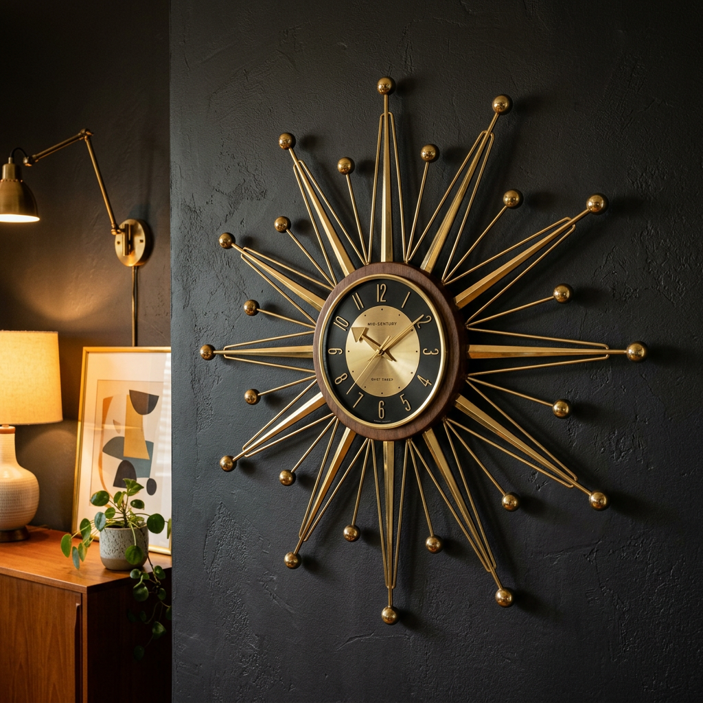 Atomic Starburst Wall Clock | Brass Edition - Polished brass rays on charcoal noir wall.